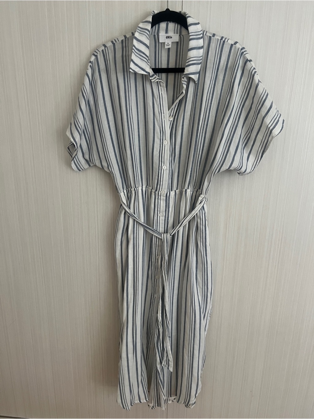 Blue & White Striped Midi Shirt Dress with Tie Waist